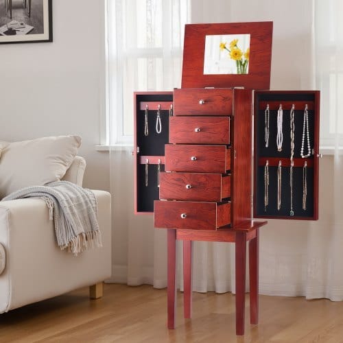 Jewelry Cabinet Armoire, Standing Wood Jewelry Storage Chest with 4 Spacious Drawers, Flip Top Mirror, 4 Top Storage Compartments, Zinc Alloy Handles, 2 Side Doors with 16 Necklace Hooks