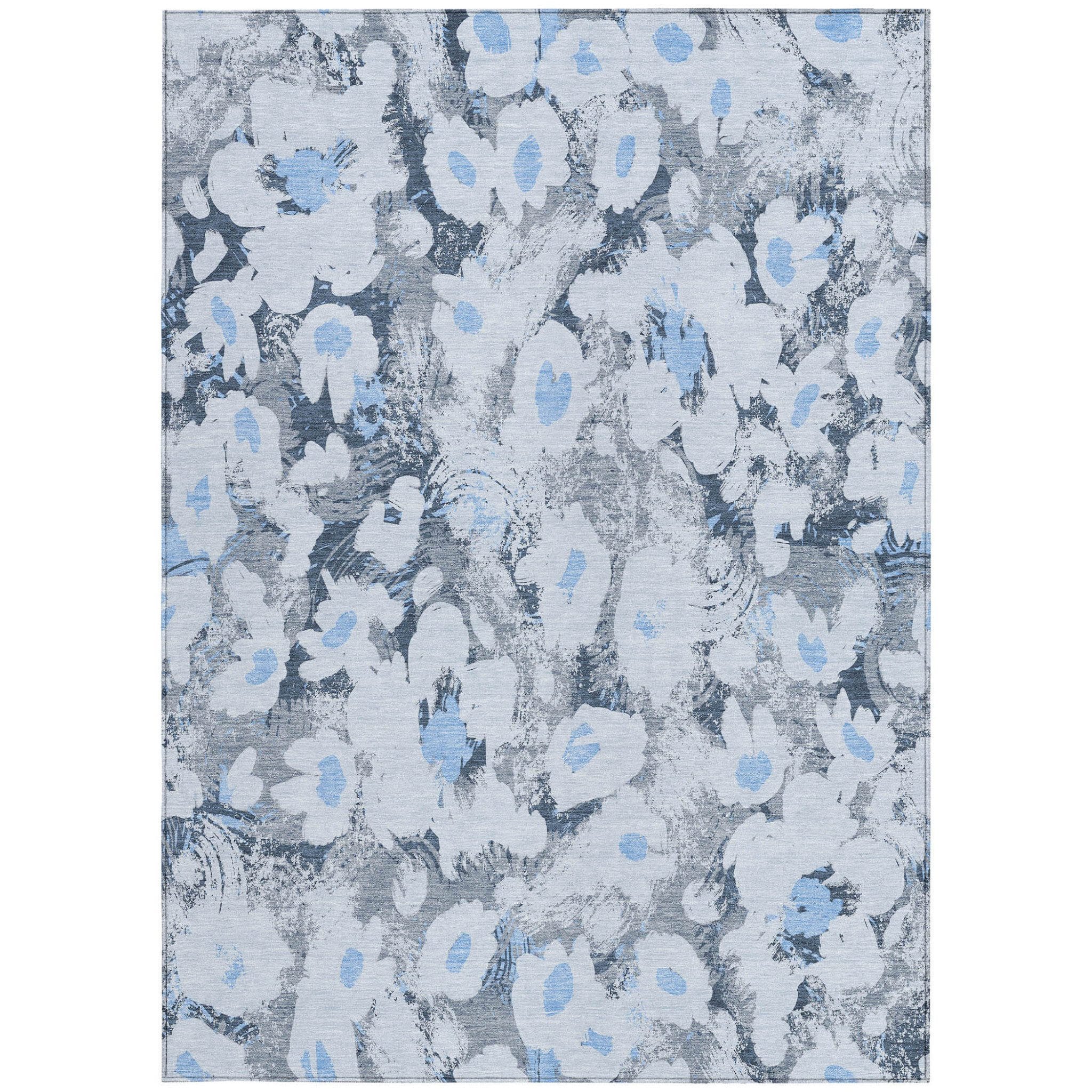 8' X 10' Denim Blue Floral Washable Non Skid Indoor Outdoor Area Rug