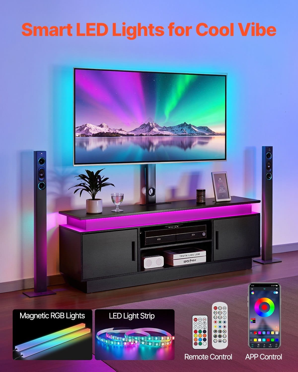 60" TV Stand with Mount for up to 75 in TVs, Entertainment Center with Power Outlet & LED Lights, Height Adjustable TV Console with Mount with 3 Tiers Storage Cabinets for Bedroom, Living Room