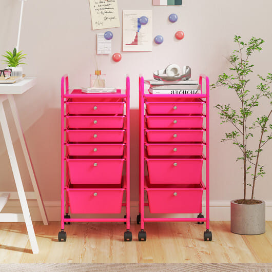Costway Multifunctional 6 Drawers Rolling Storage Cart Organizer-Rose Red - Color: Rose Red