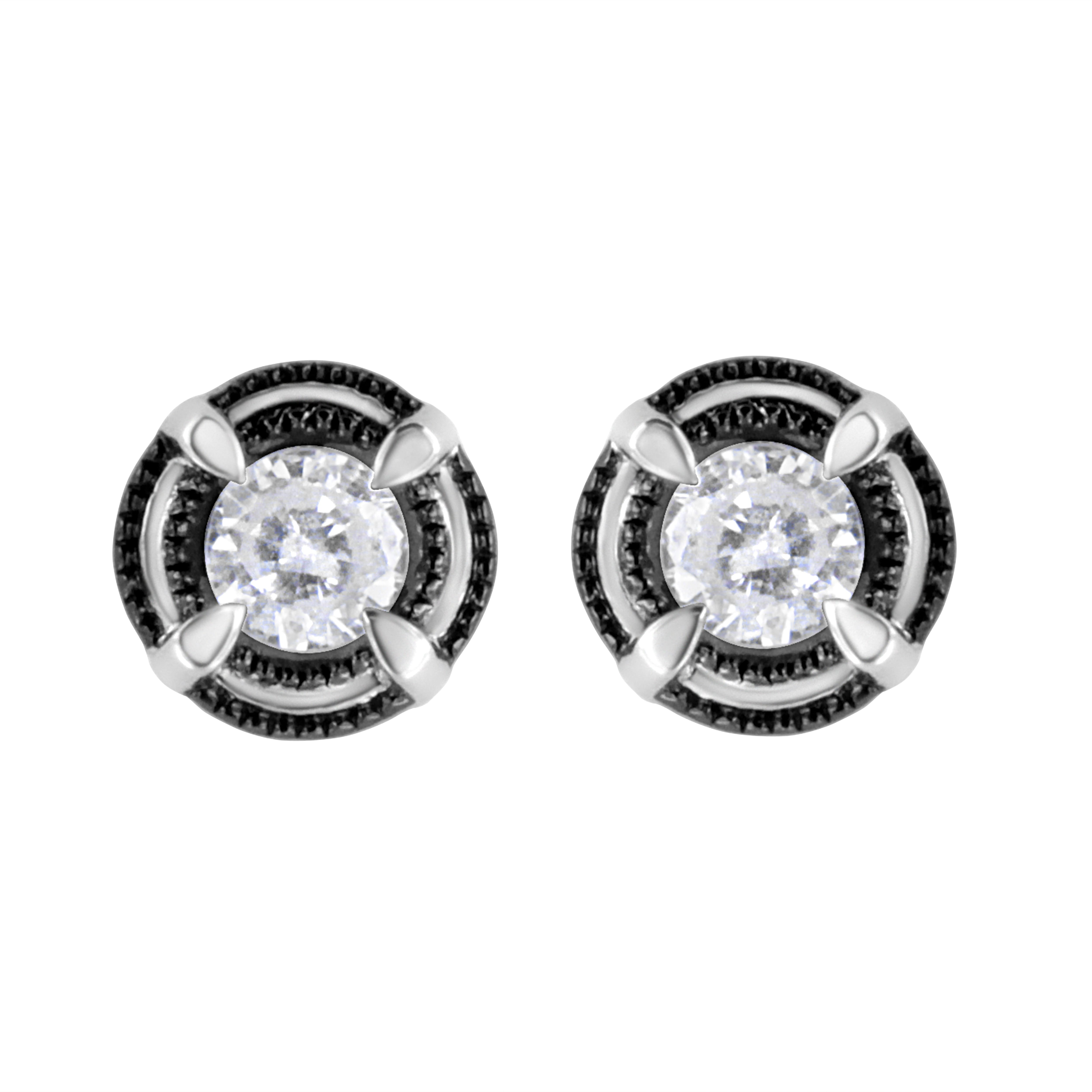 Black Rhodium Plated .925 Sterling Silver Round 1.0 Cttw Diamond Double Halo 4-Prong Solitaire Milgrain Stud Earrings (H-I Color, I2-I3 Clarity)