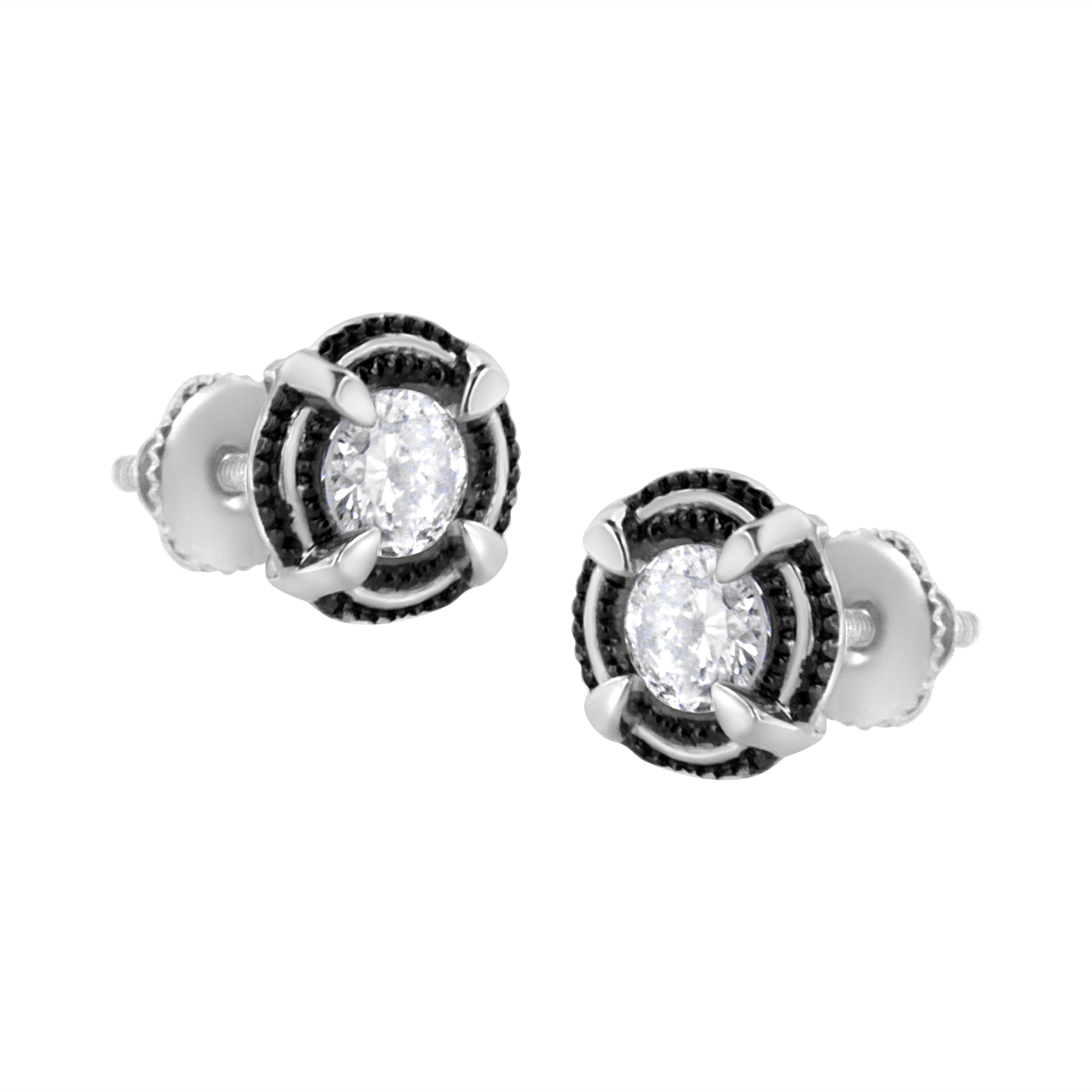 Black Rhodium Plated .925 Sterling Silver Round 1.0 Cttw Diamond Double Halo 4-Prong Solitaire Milgrain Stud Earrings (H-I Color, I2-I3 Clarity)