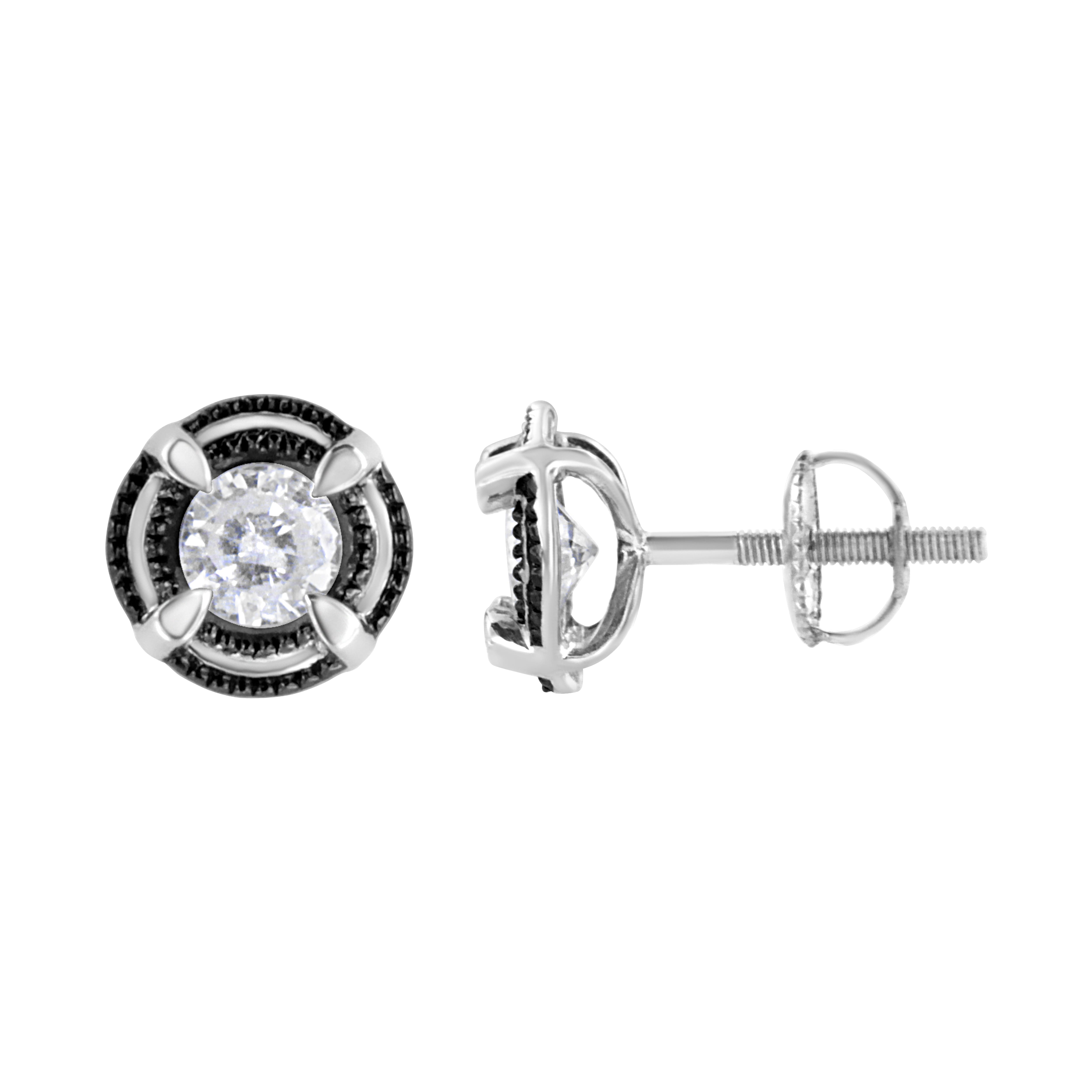 Black Rhodium Plated .925 Sterling Silver Round 1.0 Cttw Diamond Double Halo 4-Prong Solitaire Milgrain Stud Earrings (H-I Color, I2-I3 Clarity)