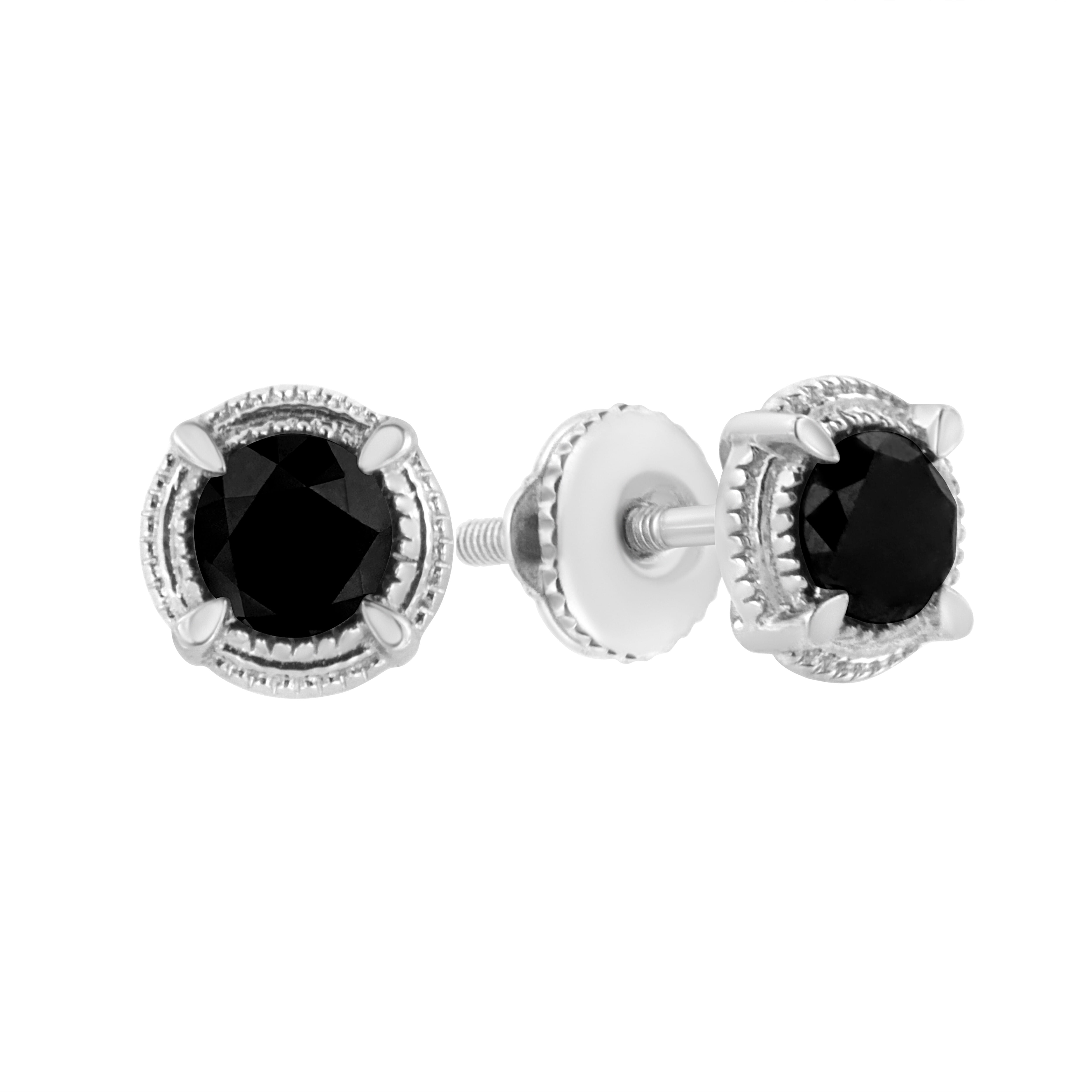 Black Rhodium Plated .925 Sterling Silver Round 1.0 Cttw Diamond Double Halo 4-Prong Solitaire Milgrain Stud Earrings (H-I Color, I2-I3 Clarity)