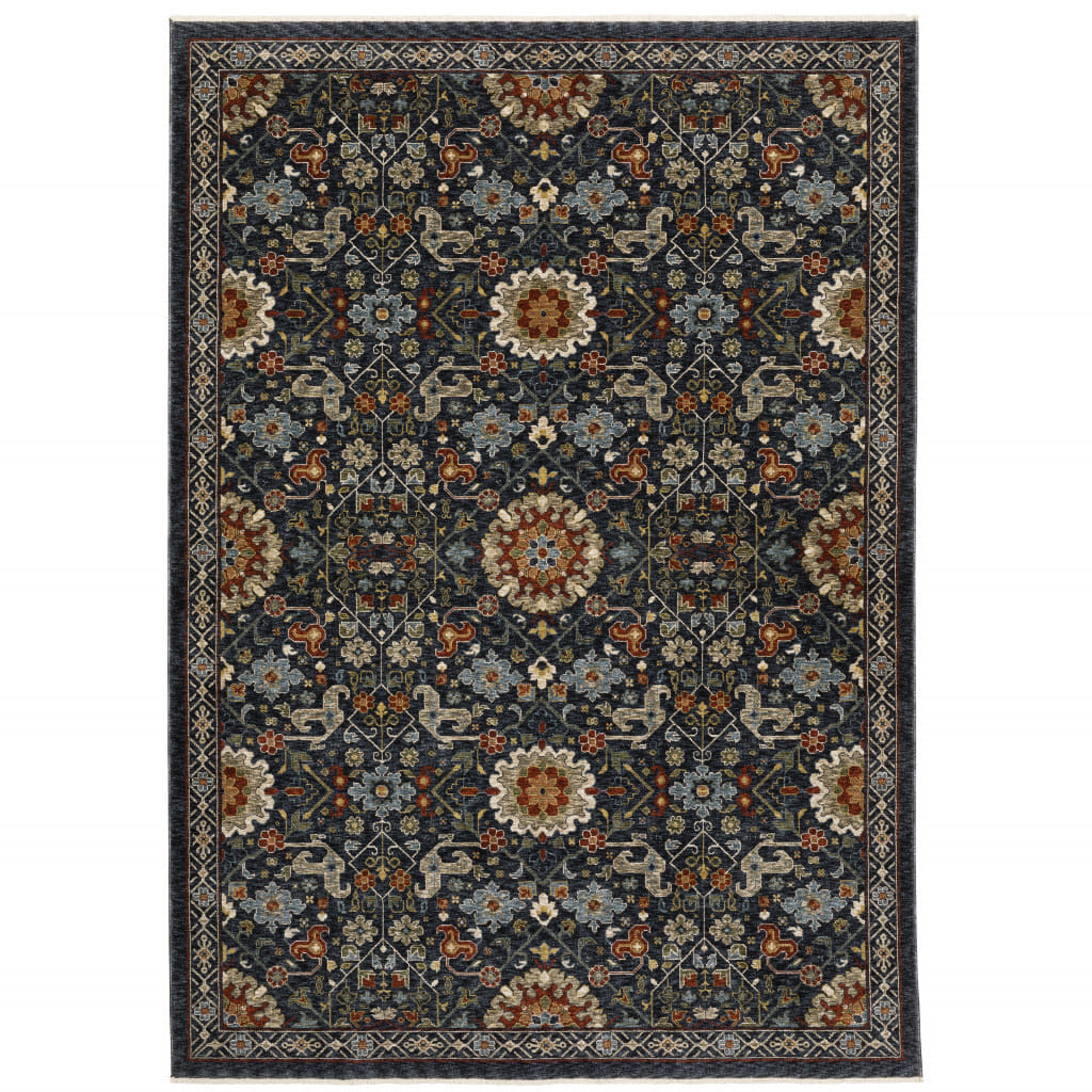 7' X 10' Blue and Ivory Oriental Power Loom Area Rug With Fringe