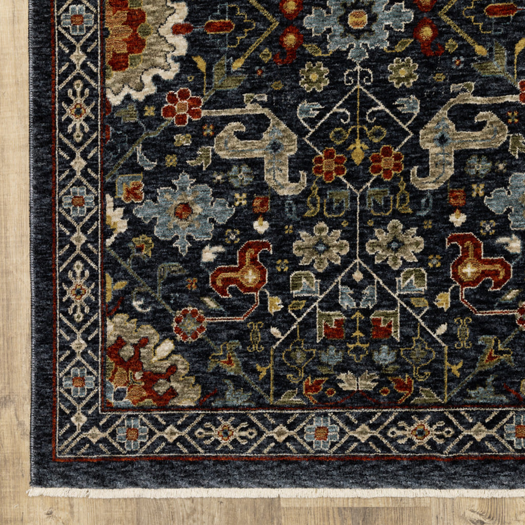 7' X 10' Blue and Ivory Oriental Power Loom Area Rug With Fringe
