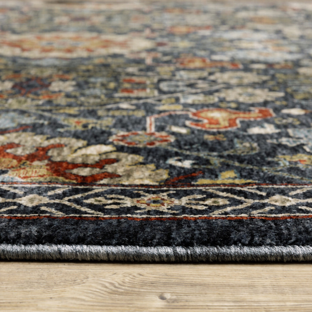 7' X 10' Blue and Ivory Oriental Power Loom Area Rug With Fringe