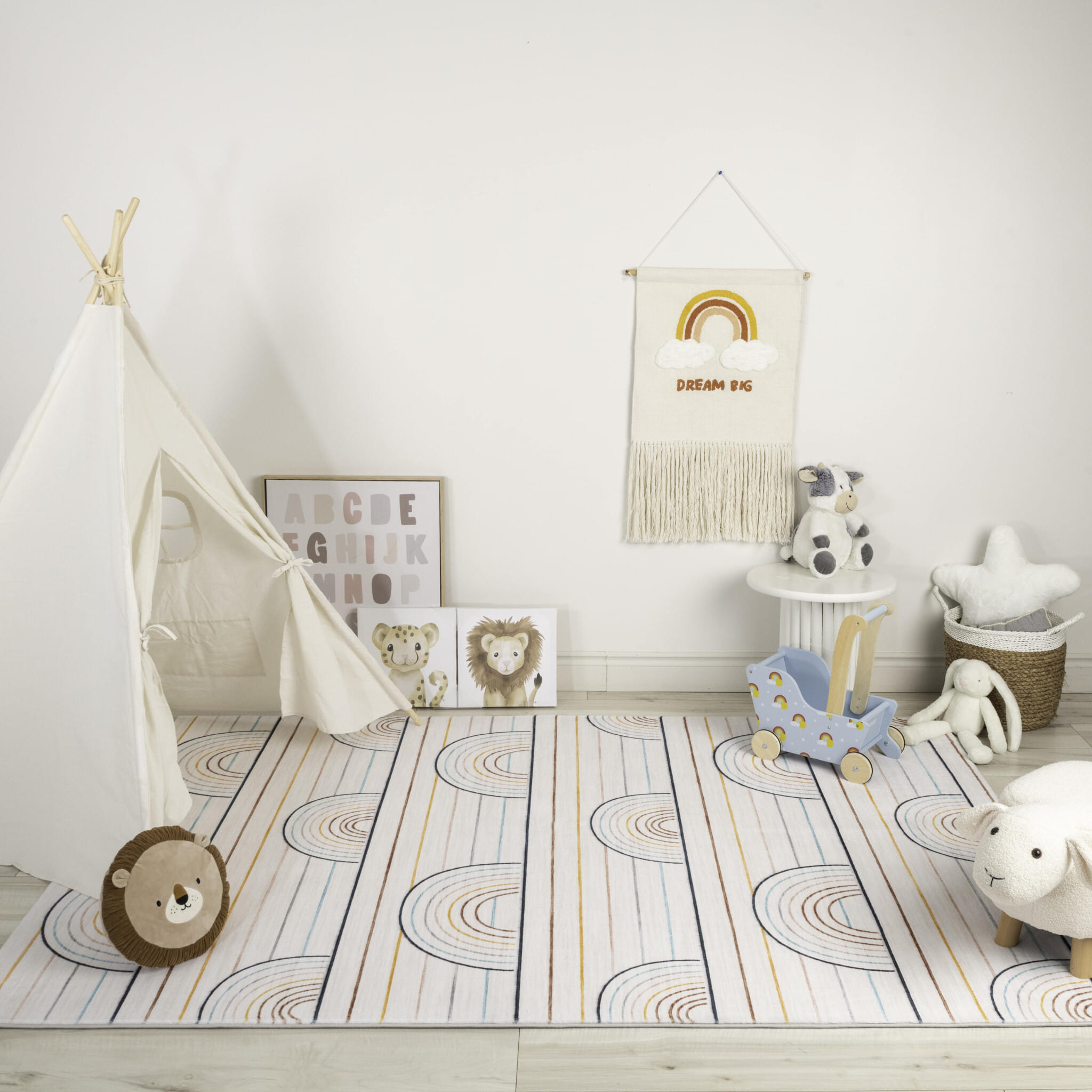 7' X 10' Ivory Blue and Yellow Juvenile Rainbows Youthful Area Rug