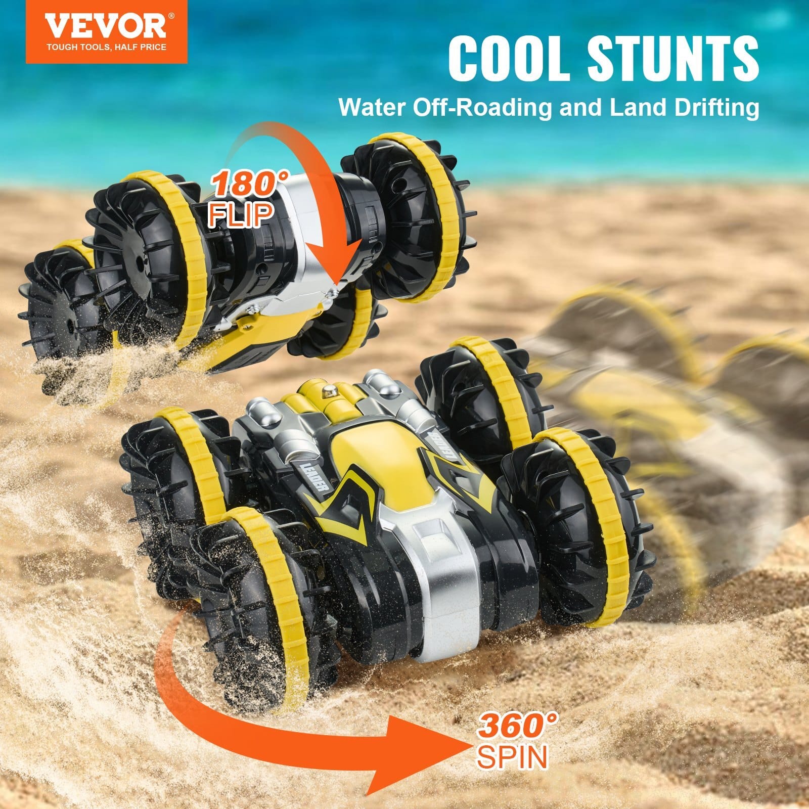 Amphibious Remote Control Car Boat, 2.4GHz 12 km/h, 4WD Waterproof RC Car for Kids, 360?° Rotating Stunt Car with 2 Batteries, All Terrain Water Beach Pool Toy for 6+ Year Old Boys Girls, Yellow