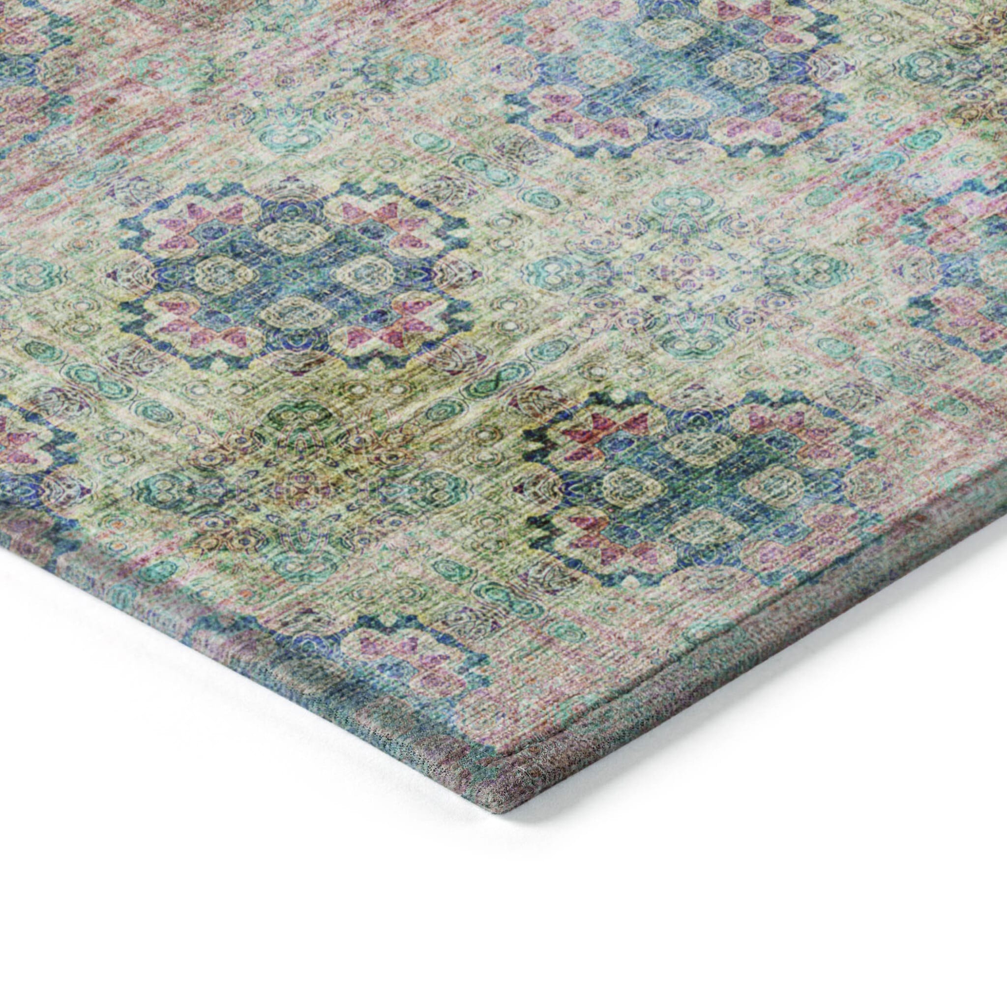 9' X 12' Blue and Green Floral Medallion Washable Non Skid Indoor Outdoor Area Rug
