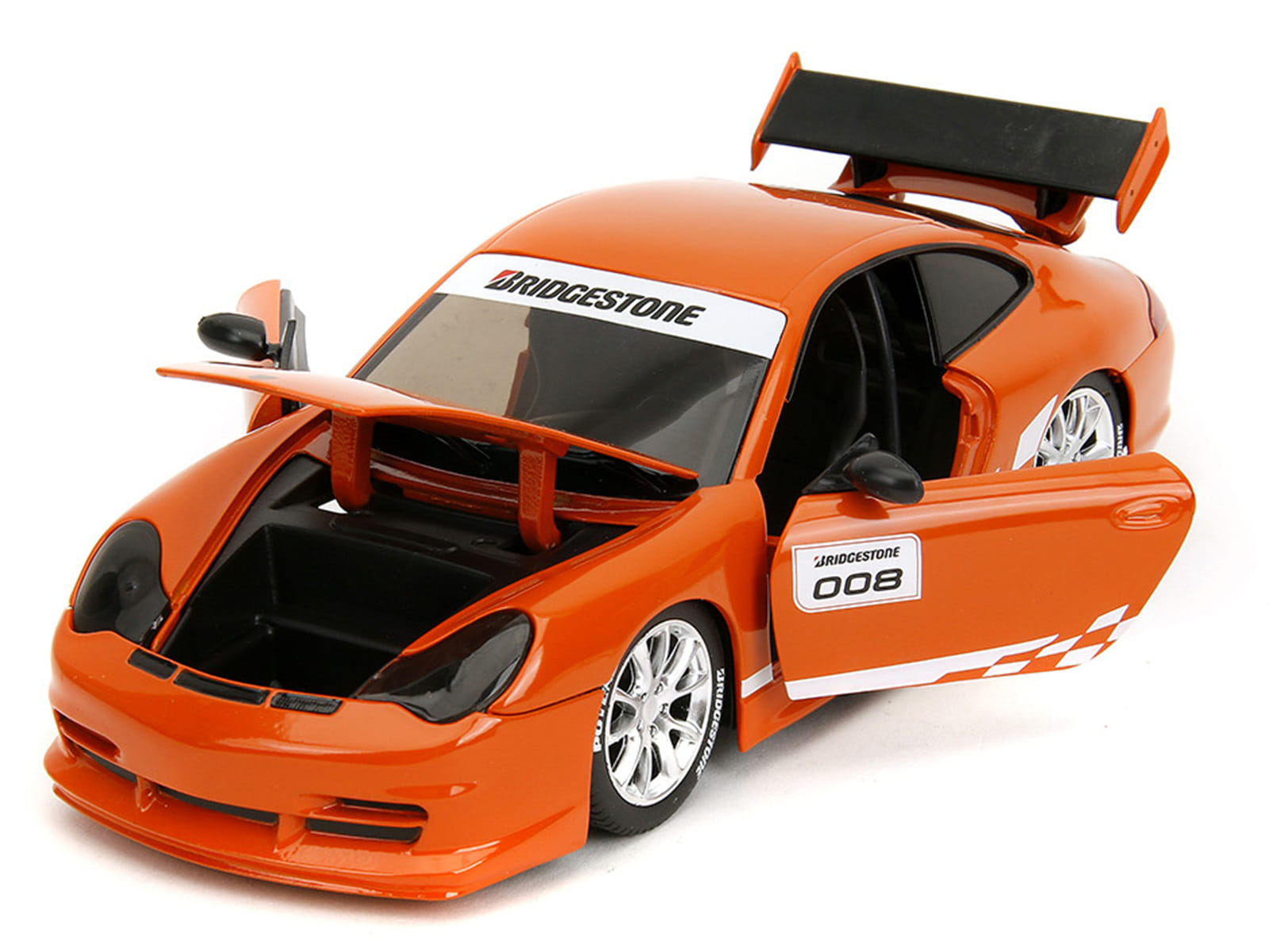 Porsche 911 GT3 RS (996) #008 "Bridgestone" Orange Metallic with White Graphics "Hyper-Spec" Series 1/24 Diecast Model Car by Jada