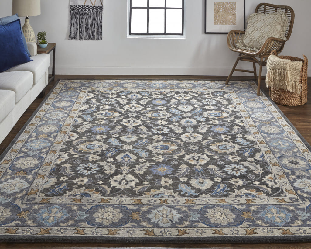 8' X 10' Taupe Blue And Ivory Wool Floral Tufted Handmade Stain Resistant Area Rug