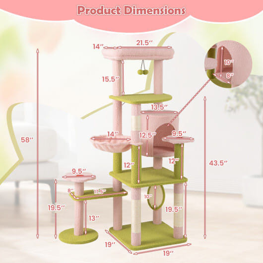58 Inch Tall Multi-Level Cat Tree Aesthetic Floral Kitten Tower-Pink