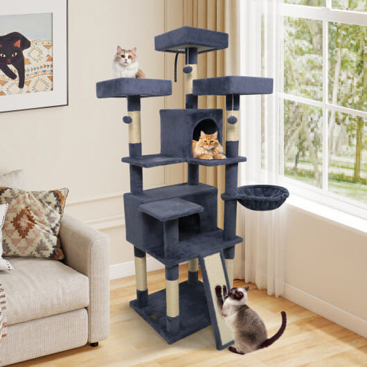 65 Inch Tall Multi-level Cat Tree with 3 Upholstered Perch and 2 Cat Condos-Dark Gray - Color: Dark Gray