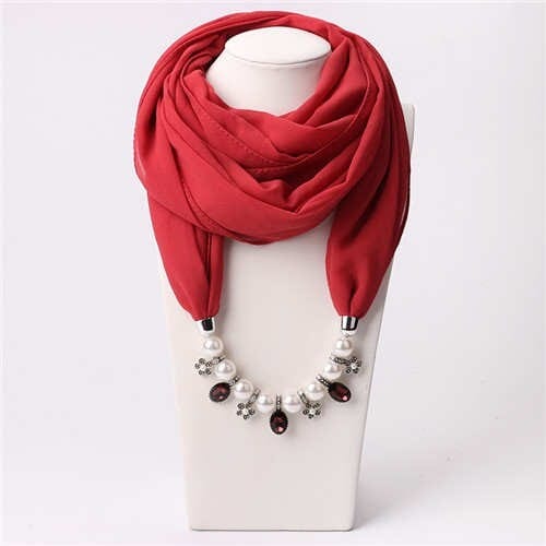Pearl Chain Pendants Chiffon Women Scarf Necklace - Red