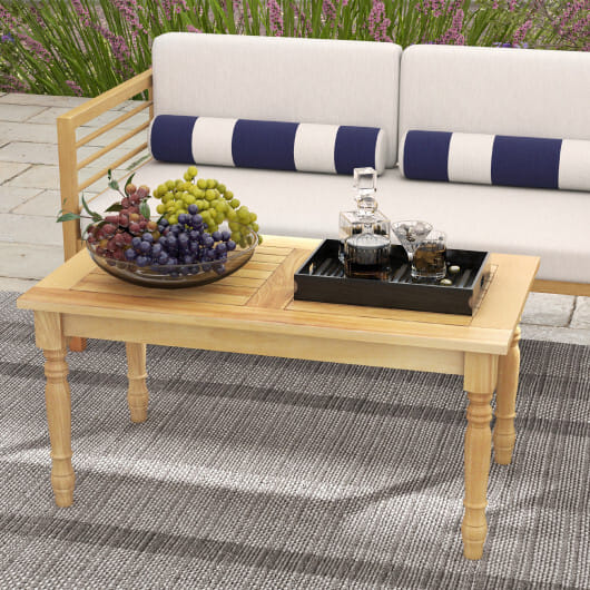 Patio Coffee Table with Solid Teak Wood Structure and Slatted Tabletop - Color: Natural