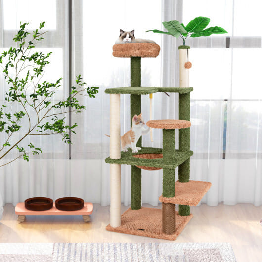 Multilevel Cat Tree with Scratching Posts and Rope Plush Perch Toy Bed-Green - Color: Green