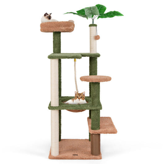 Multilevel Cat Tree with Scratching Posts and Rope Plush Perch Toy Bed-Green - Color: Green