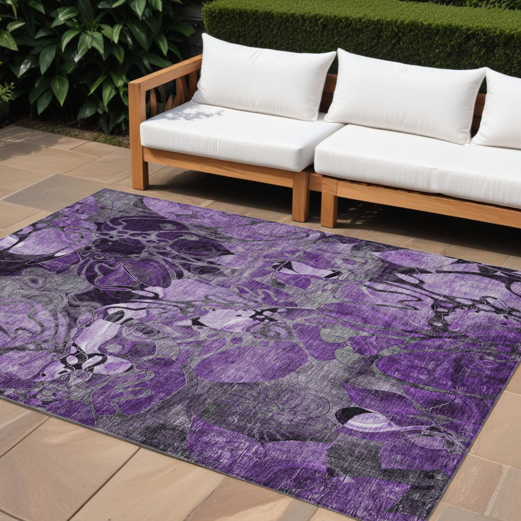10' X 14' Purple Abstract Washable Indoor Outdoor Area Rug