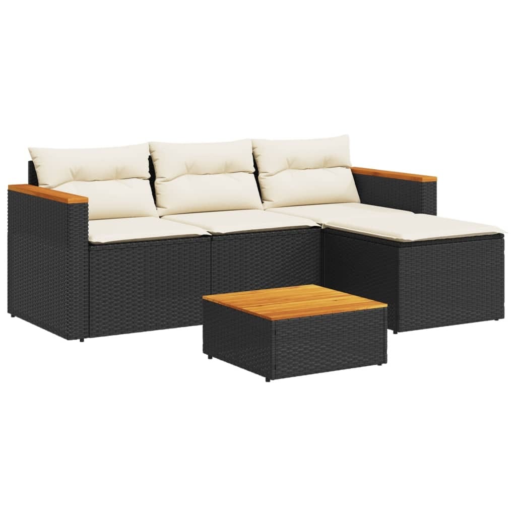 5 Piece Patio Sofa Set with Cushions Black Poly Rattan Acacia
