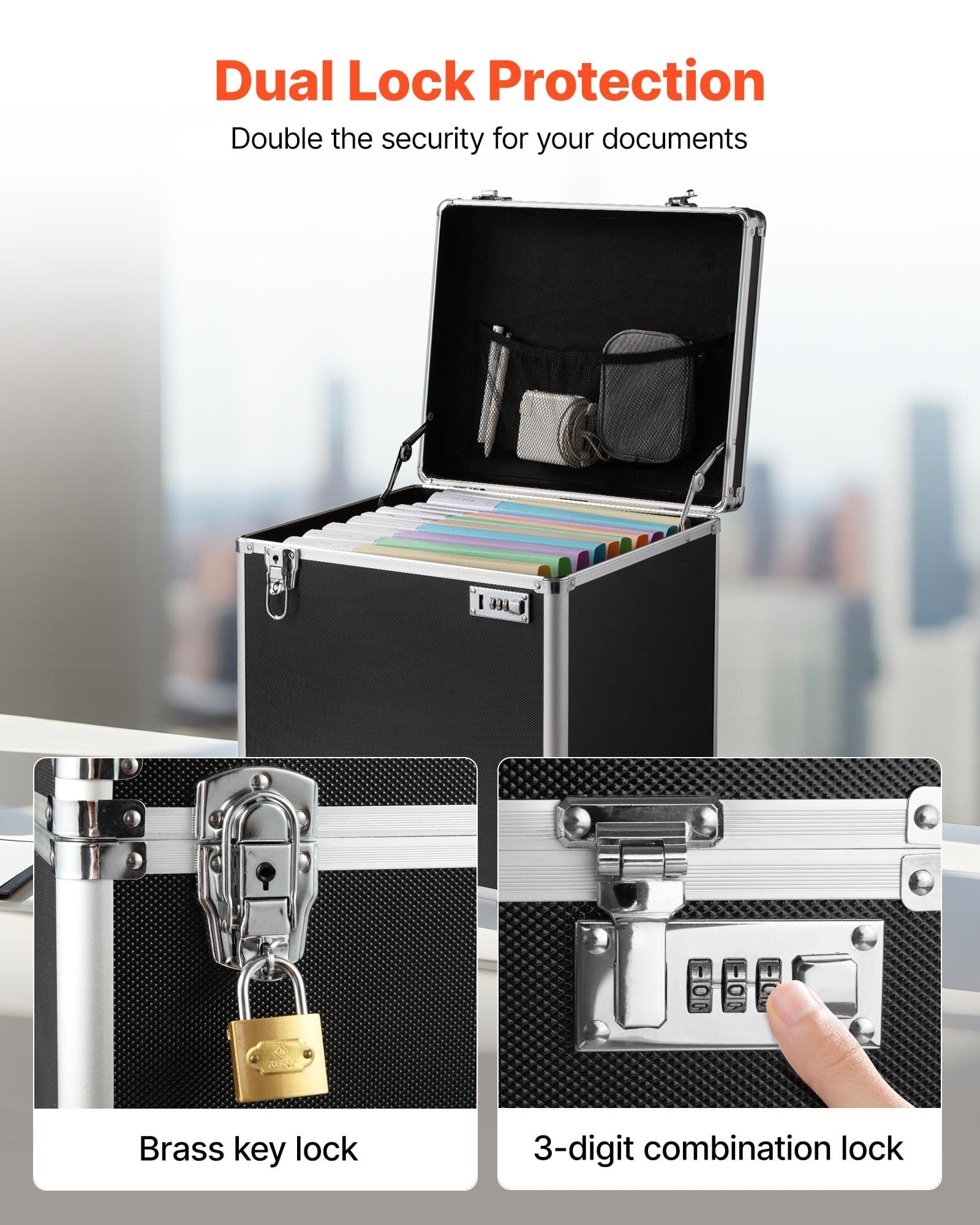 Portable File Storage Box, 15.6 x 12.6 x 15 inch Internal Chest Size, Locking Mobile Business Case with Telescopic Handle, Hand pull File Case for Office Home, Offices, Hospitals, Banks