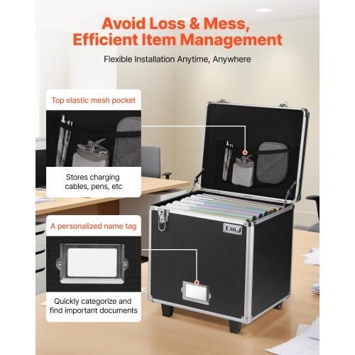 Portable File Storage Box, 15.6 x 12.6 x 15 inch Internal Chest Size, Locking Mobile Business Case with Telescopic Handle, Hand pull File Case for Office Home, Offices, Hospitals, Banks