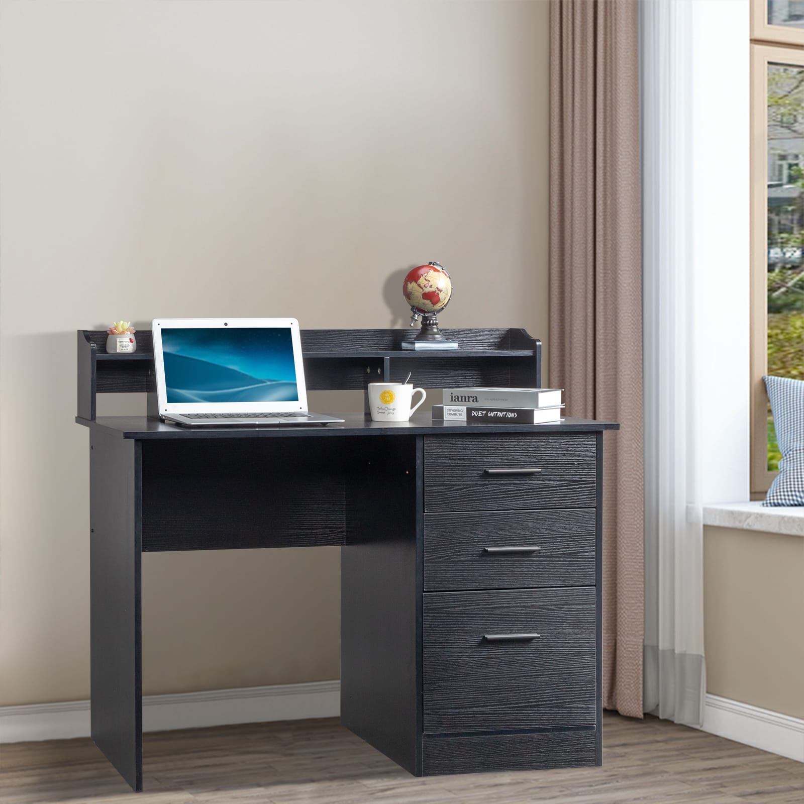 FCH 110*50*95cm Particleboard Paste Triamine Desktop Storage Layer Three Drawers Computer Desk Black Wood Grain