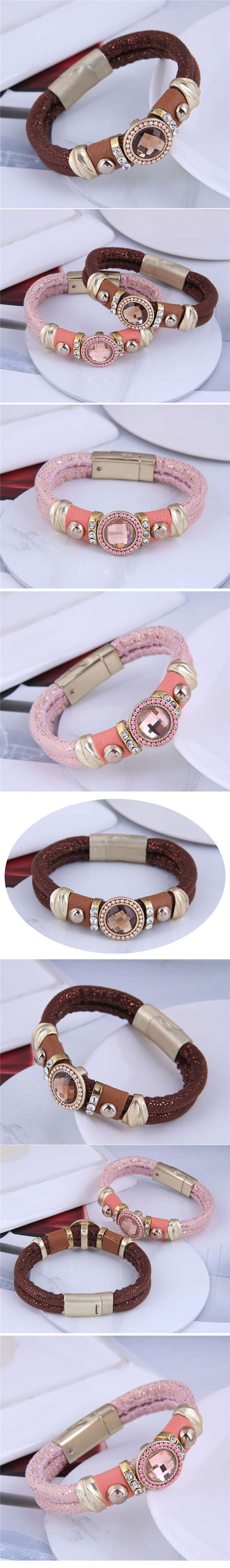 Rhinestone and Gems Embellished Folk Fashion Women Leather Magnetic Bracelet - Pink