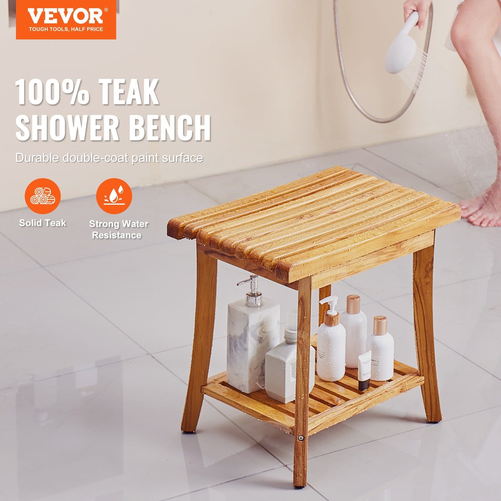 Teak Shower Bench, 20 x 14.3 x 17.9 in, Waterproof Wood Shower Stool with Storage Shelf Non-Slip Foot Pads, 400 lbs Maximum Load Capacity Shower Chair Seat, for Bathroom Indoor and Outdoor Use