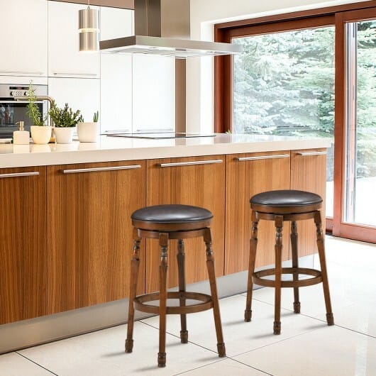 Set of 2 29-Inch Swivel Leather Padded Dining Bar Stools - Color: Walnut - Size: 29 inches
