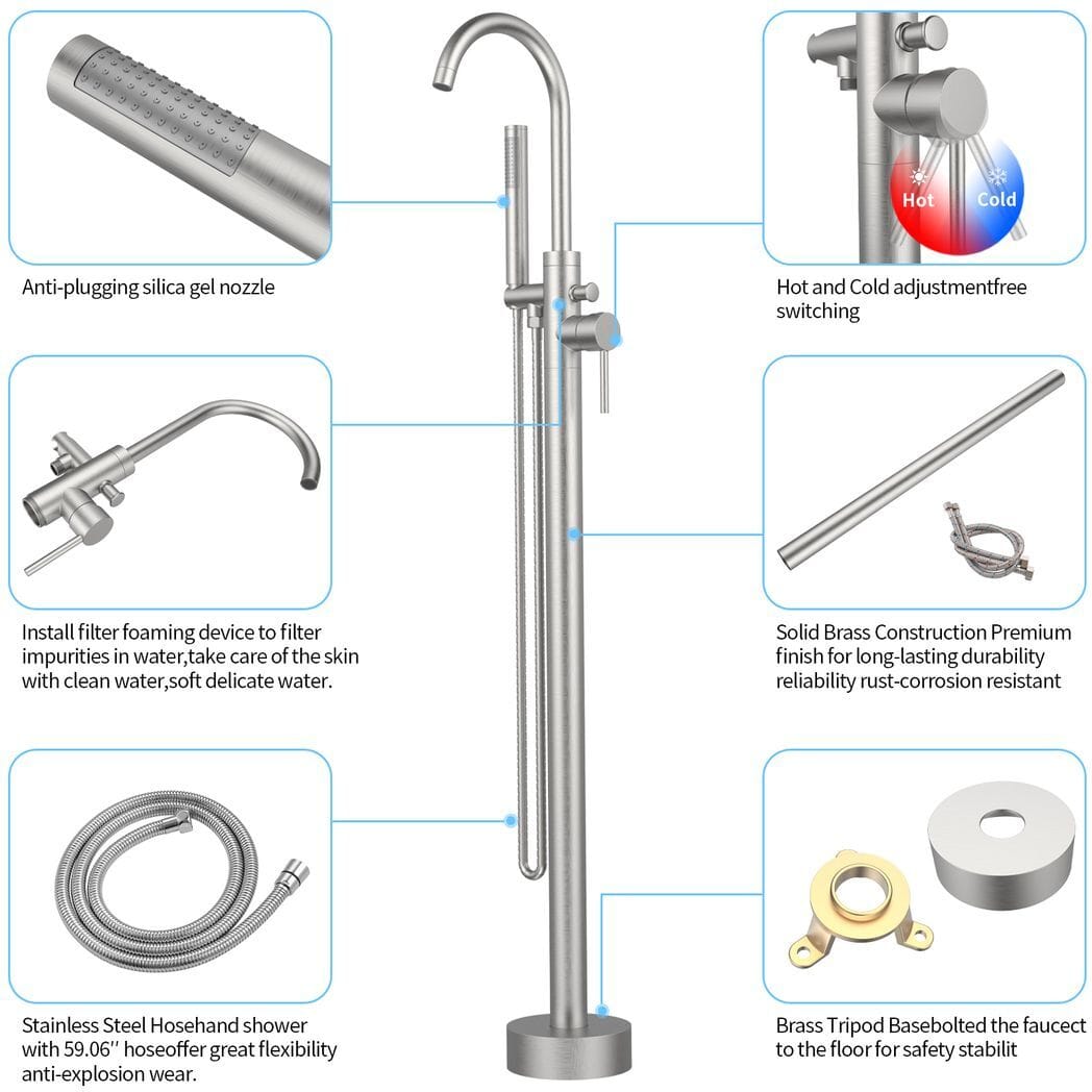 Freestanding Bathtub Faucet Tub Floor Mount Bathroom Faucets Brass Single Handle with Hand Shower High Flow Rate Max 6 GPM
