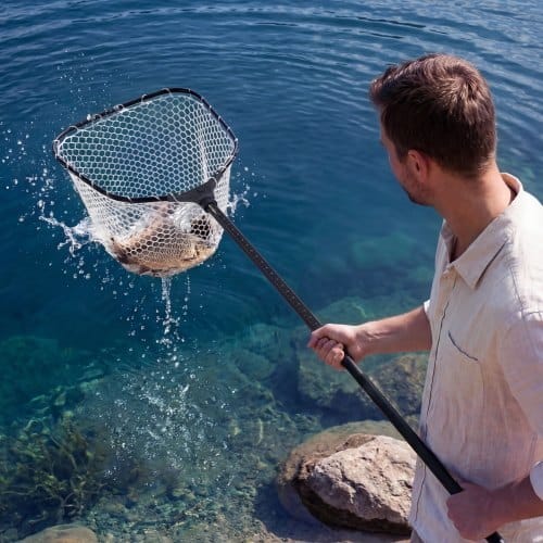 Fishing Net, Foldable Landing Nets with Telescopic Handle and Built in Length Scale, Lightweight and Stronger 6063 Aluminum Fish Gear, Soft Silicone Mesh, Holds up to 30 lbs, for Kayak Boat Bank