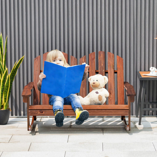 2 Person Adirondack Rocking Chair with Slatted seat-Brown - Color: Brown