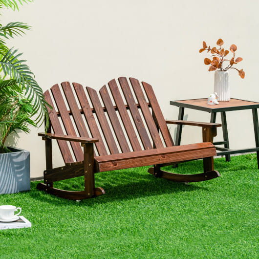 2 Person Adirondack Rocking Chair with Slatted seat-Brown - Color: Brown