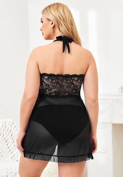 Plus Size Evening Romance Lace and Mesh Babydoll Set