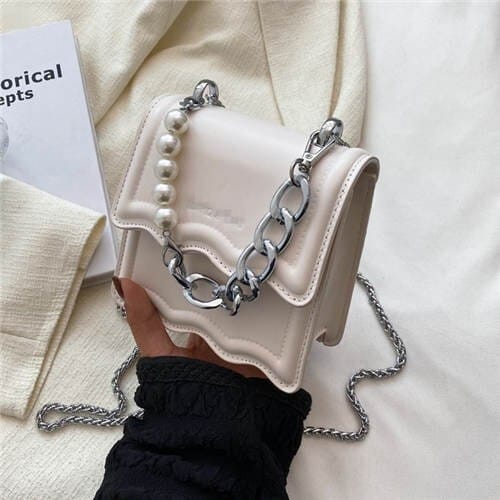 Alloy and Pearl Chain Handle Mini Square Women Handbag - White