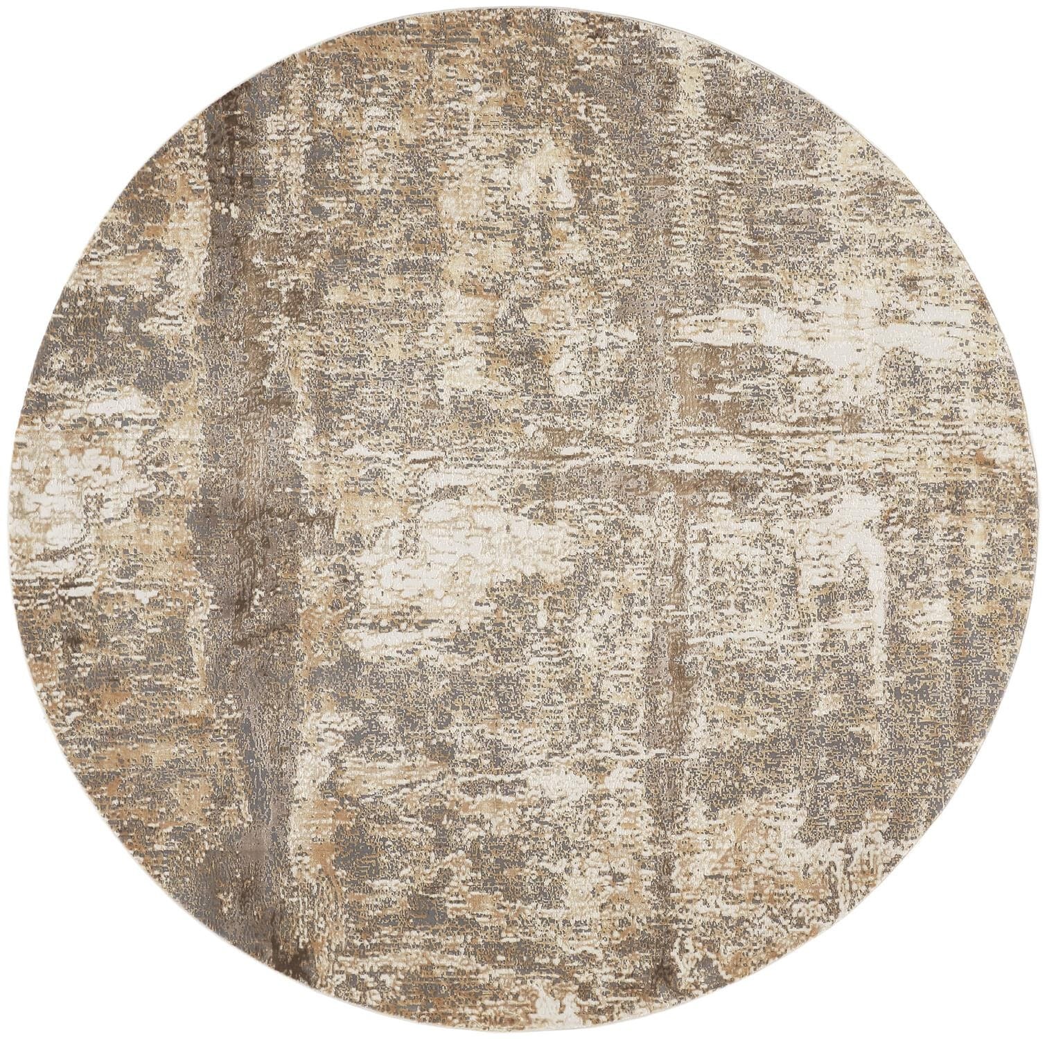 8' Tan and Ivory Abstract Non Skid Round Rug