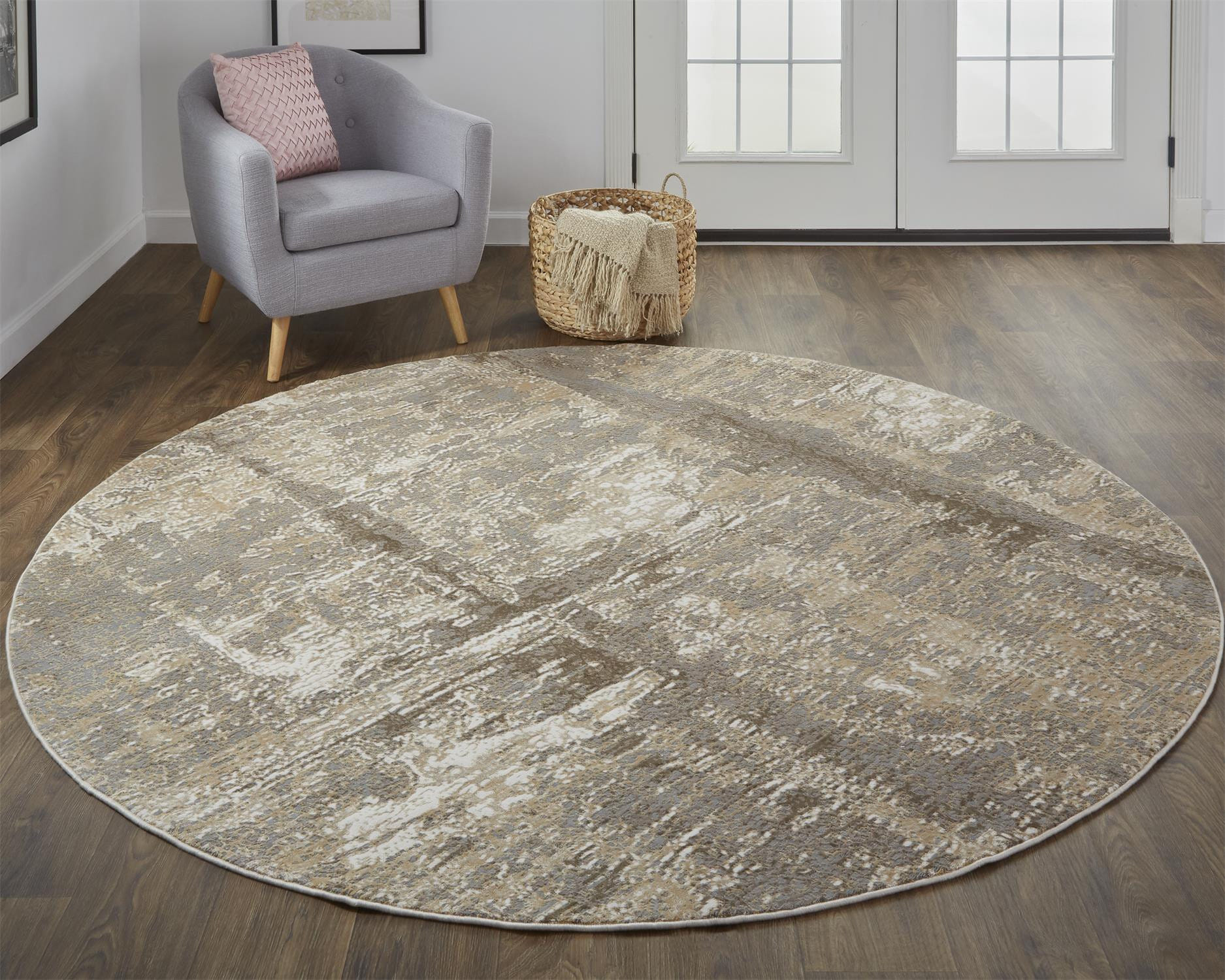 8' Tan and Ivory Abstract Non Skid Round Rug