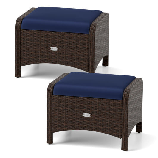 2 Pieces Outdoor Patio PE Wicker Ottomans with Removable Cushions-Navy - Color: Navy