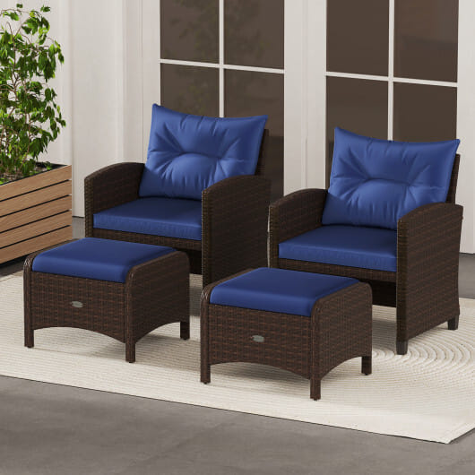 2 Pieces Outdoor Patio PE Wicker Ottomans with Removable Cushions-Navy - Color: Navy