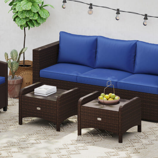 2 Pieces Outdoor Patio PE Wicker Ottomans with Removable Cushions-Navy - Color: Navy