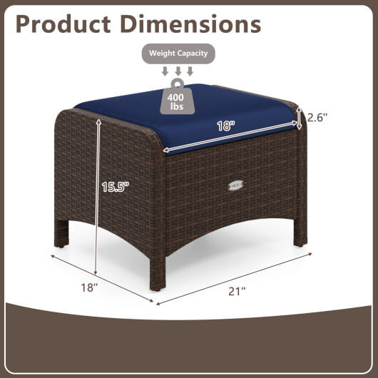 2 Pieces Outdoor Patio PE Wicker Ottomans with Removable Cushions-Navy - Color: Navy