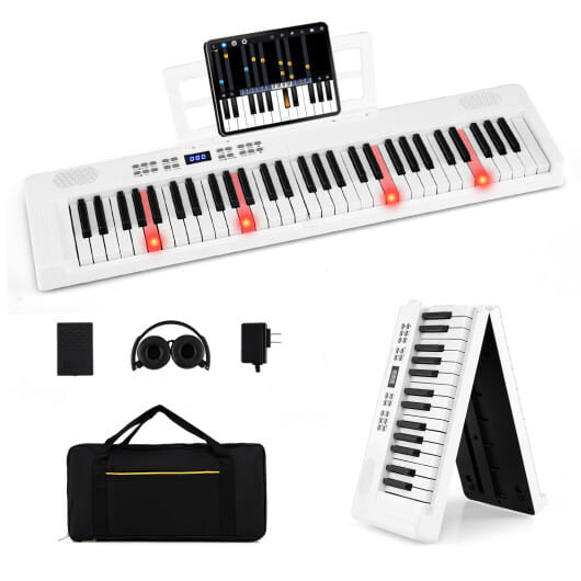 61-Key Foldable Piano Keyboard Full-size Electronic Keyboard with MIDI and Split Function-White - Color: White