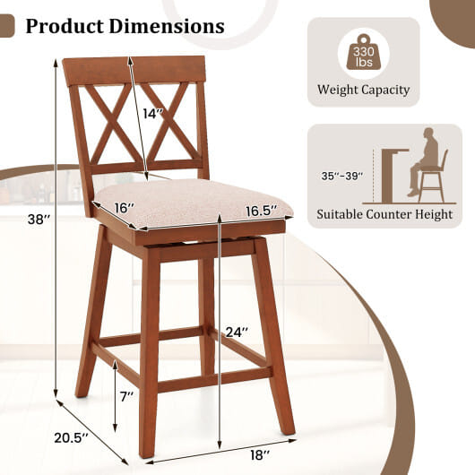 24 Inch Counter Height Barstools with Backrest and Upholstered Seat Cushion for Kitchen Dining Room-Oak - Color: Oak - Size: 24 inches