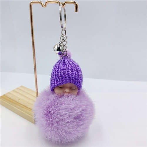Fashion Women Handbag Pendant Cute Sleeping Baby Mini Bell Fluffy Design Wholesale Key Chain - Purple