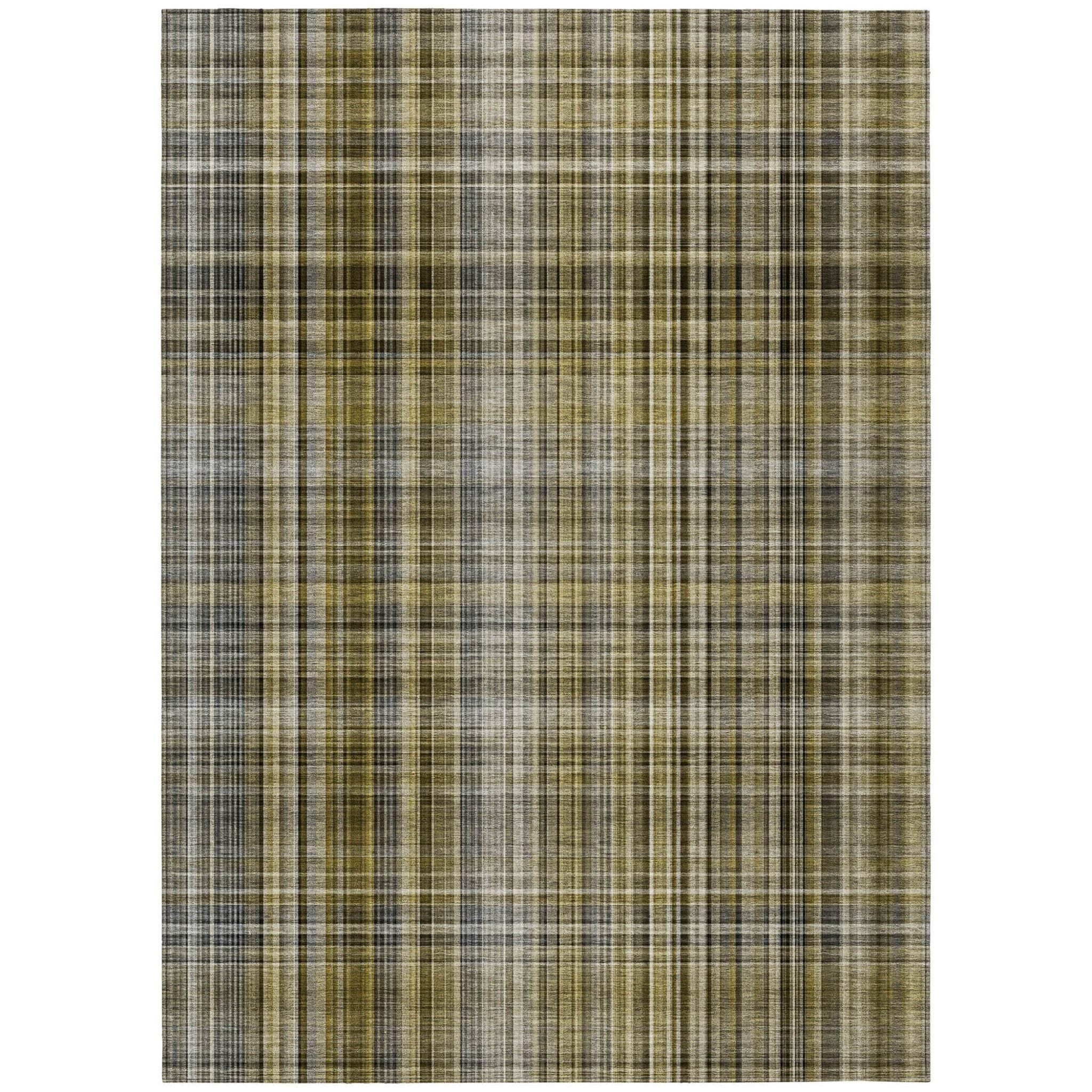 3' X 5' Green Beige and Gray Plaid Washable Non Skid Indoor Outdoor Area Rug