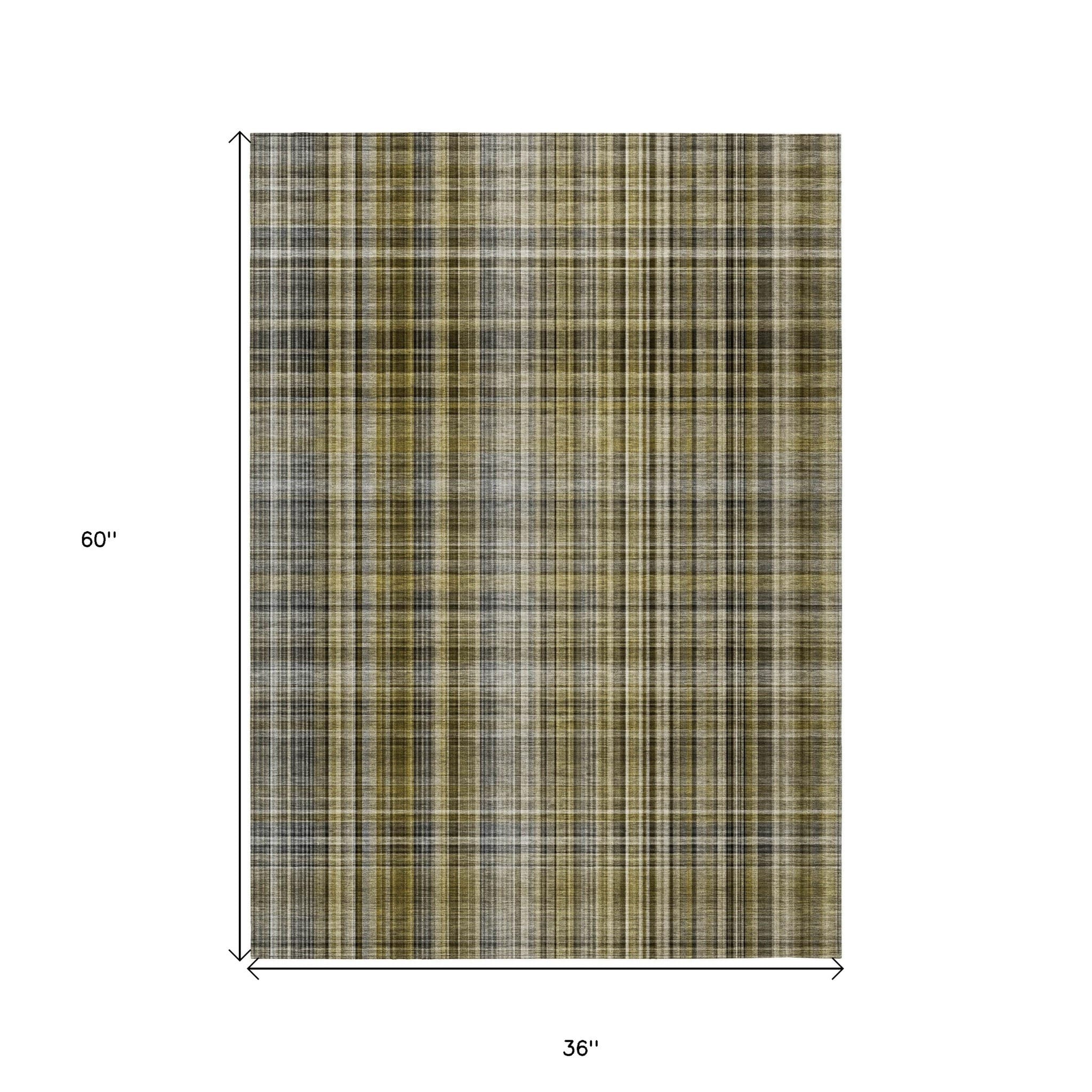 3' X 5' Green Beige and Gray Plaid Washable Non Skid Indoor Outdoor Area Rug