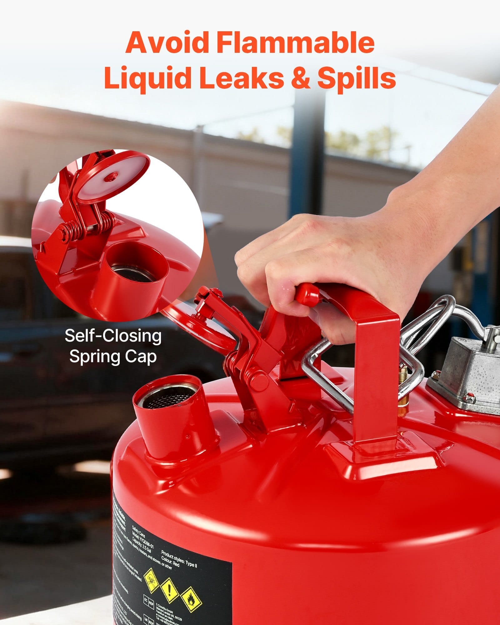 Safety Gas Can, 2.5 Gallon Type II Red Safety Can for Gasoline with Stainless Steel Flame Arrester, Self-Closing Lid & Flexible Metal Spout, Carbon Steel Flammable Storage with Ergonomic Handle