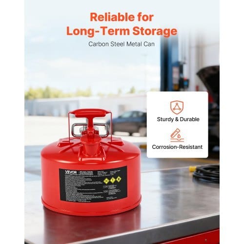 Safety Gas Can, 2.5 Gallon Type II Red Safety Can for Gasoline with Stainless Steel Flame Arrester, Self-Closing Lid & Flexible Metal Spout, Carbon Steel Flammable Storage with Ergonomic Handle