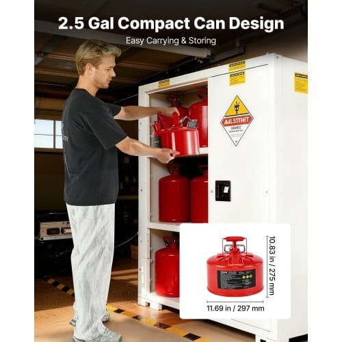 Safety Gas Can, 2.5 Gallon Type II Red Safety Can for Gasoline with Stainless Steel Flame Arrester, Self-Closing Lid & Flexible Metal Spout, Carbon Steel Flammable Storage with Ergonomic Handle